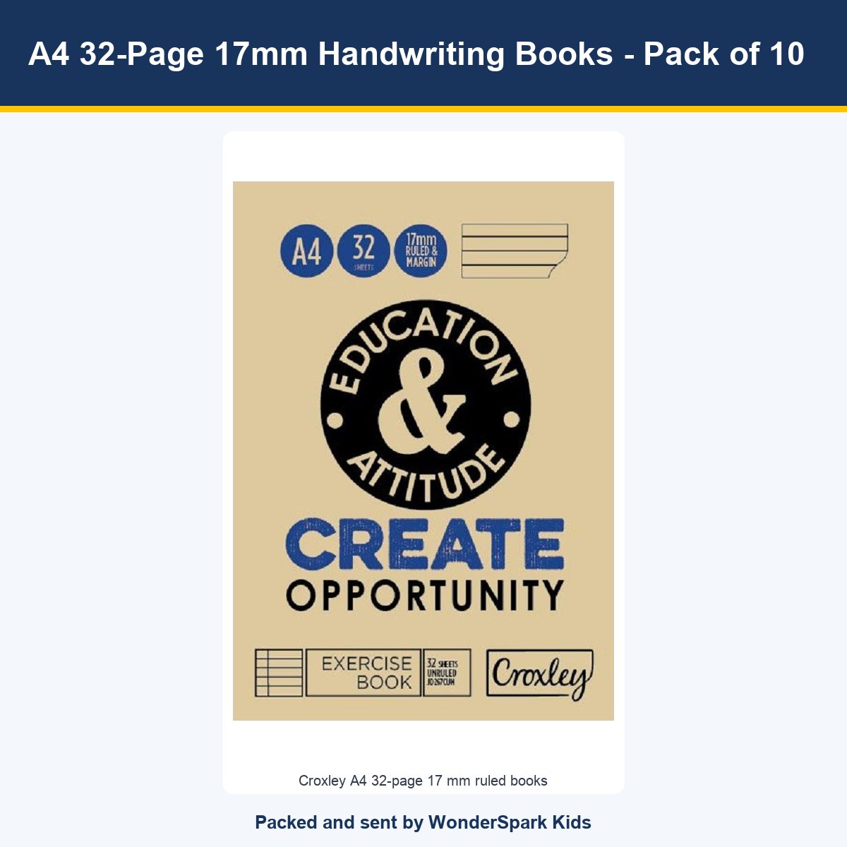 WonderSpark Kids A4 32-Page 17mm Handwriting Books - Pack of 10