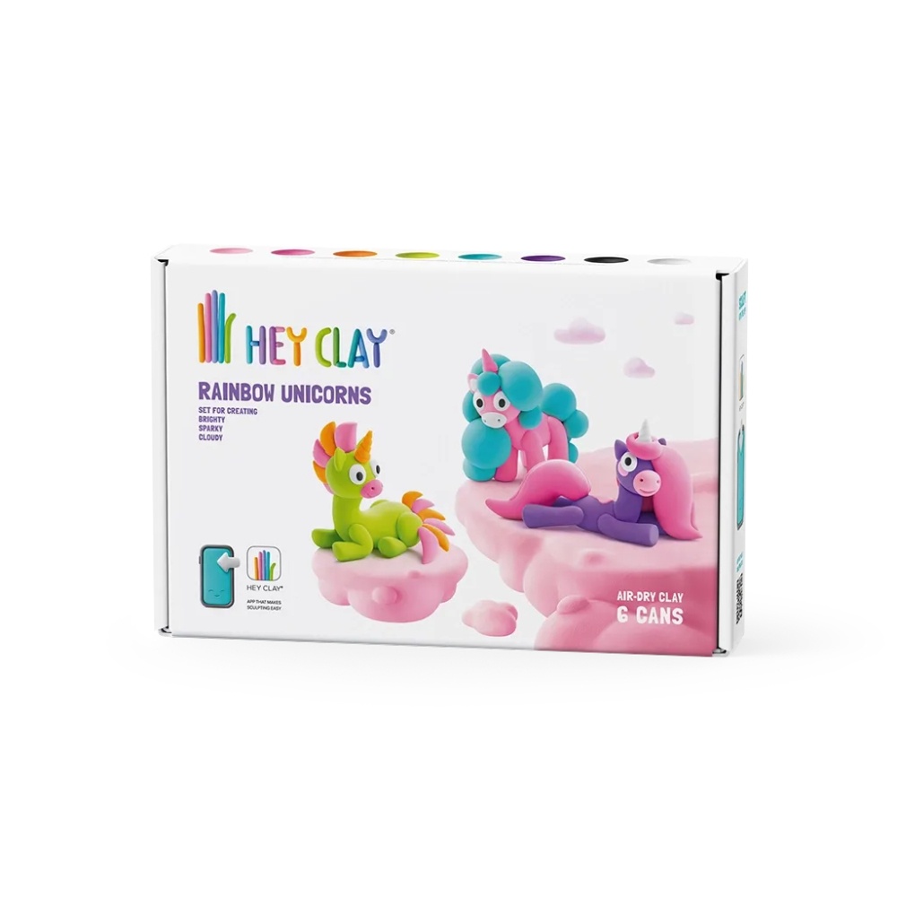 Modelling Air-Dry Clay with Fun Interactive App - Brighty, Cloudy, Sparky, Series Rainbow Unicorns, 6 cans