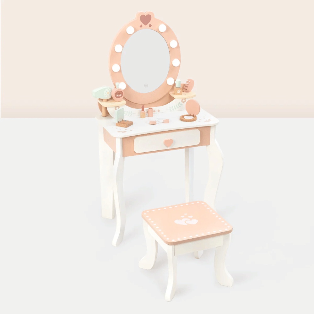 Wooden Vanity Table with Light-Up Mirror & Stool