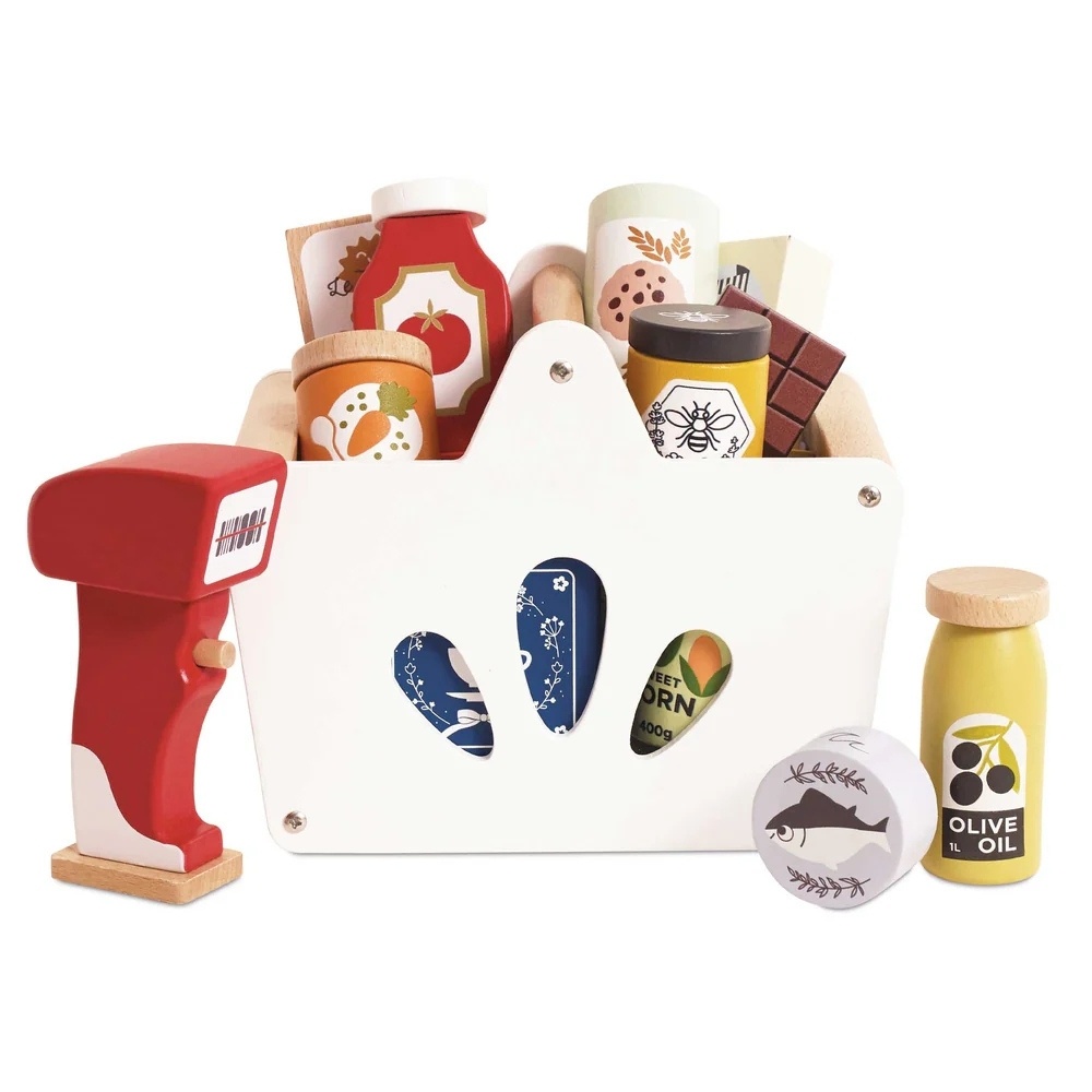 Wooden Groceries Set, Shopping Basket and Scanner - 13pcs