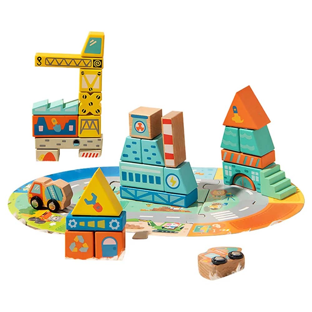 Wooden Blocks with Floor Road Puzzle: Building Set for Kids