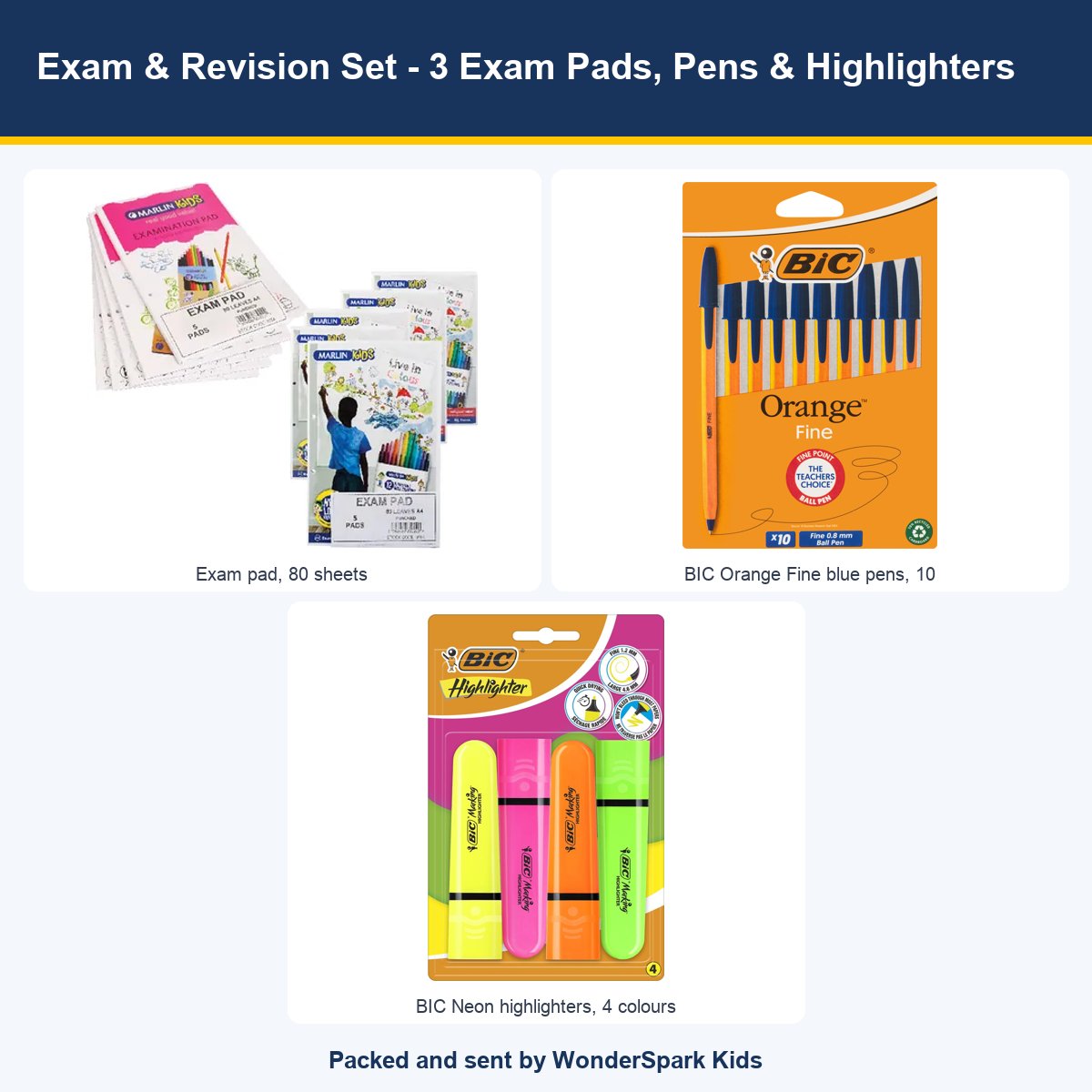 WonderSpark Kids Exam & Revision Set - 3 Exam Pads, Pens & Highlighters
