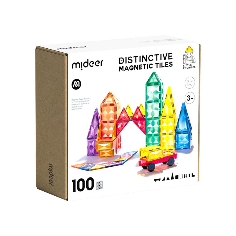 Colourful Magnetic Tiles Building Set & Wheels - 100pcs