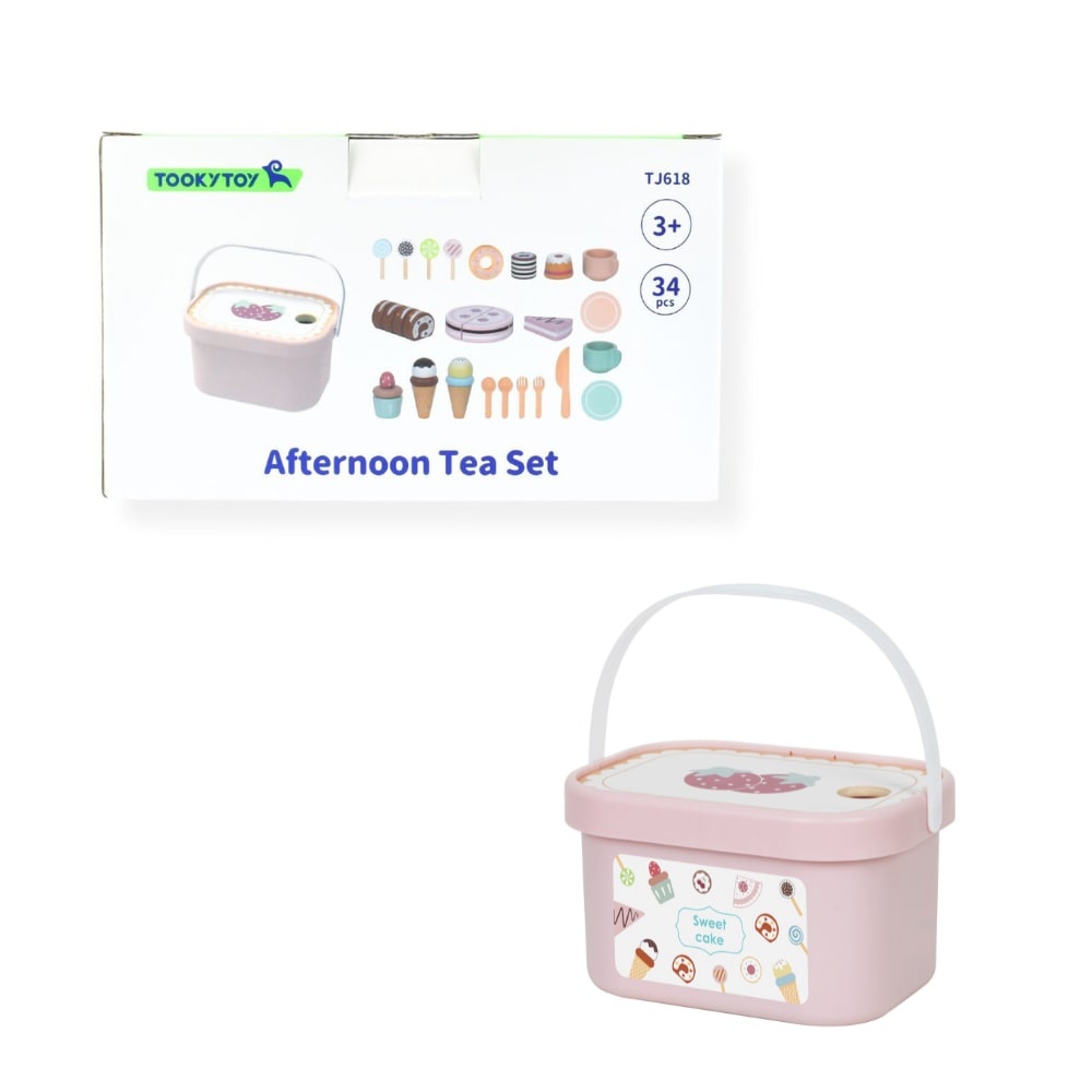 Wooden Tea Party Set in Portable Storage Box - 34 Pieces