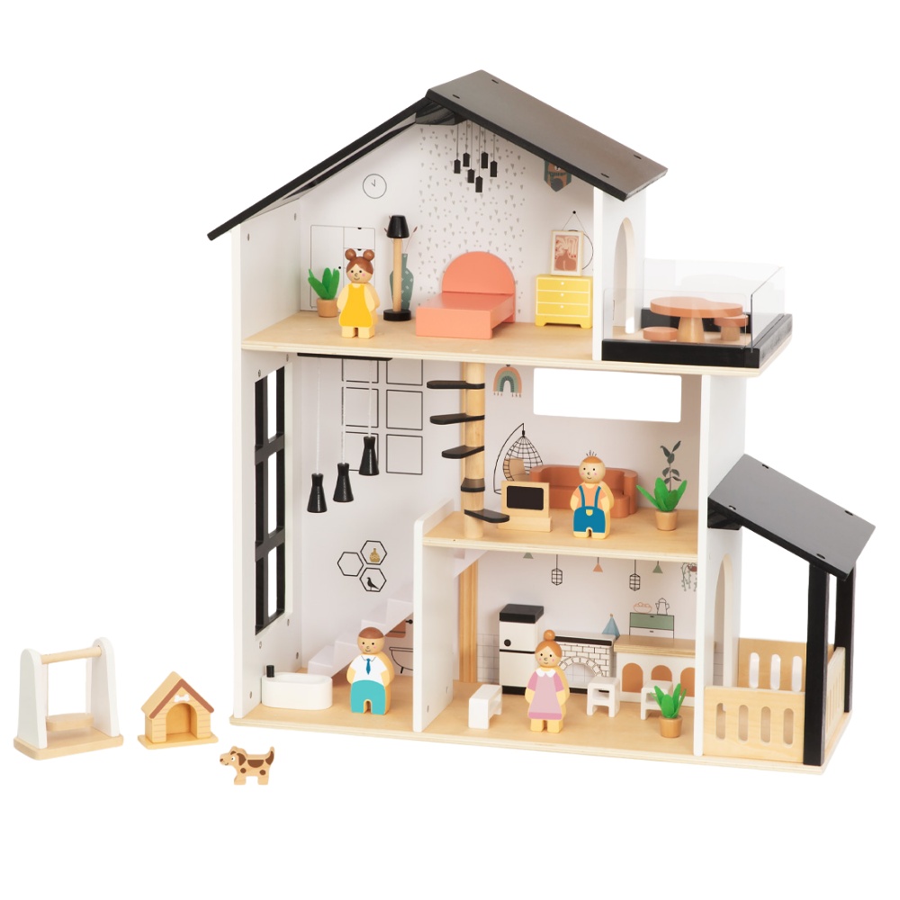 Wooden Dollhouse Toy Set with Furniture and Accessories