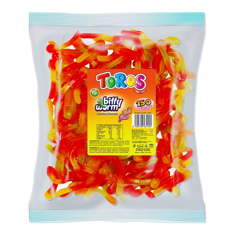 Toros Bitty Worm Assorted Fruit Gum Packets - 150 Pieces