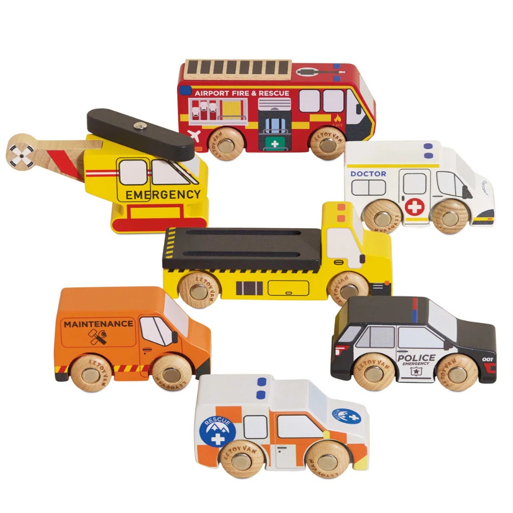 Wooden Emergency Helicopter & Rescue Toy Cars