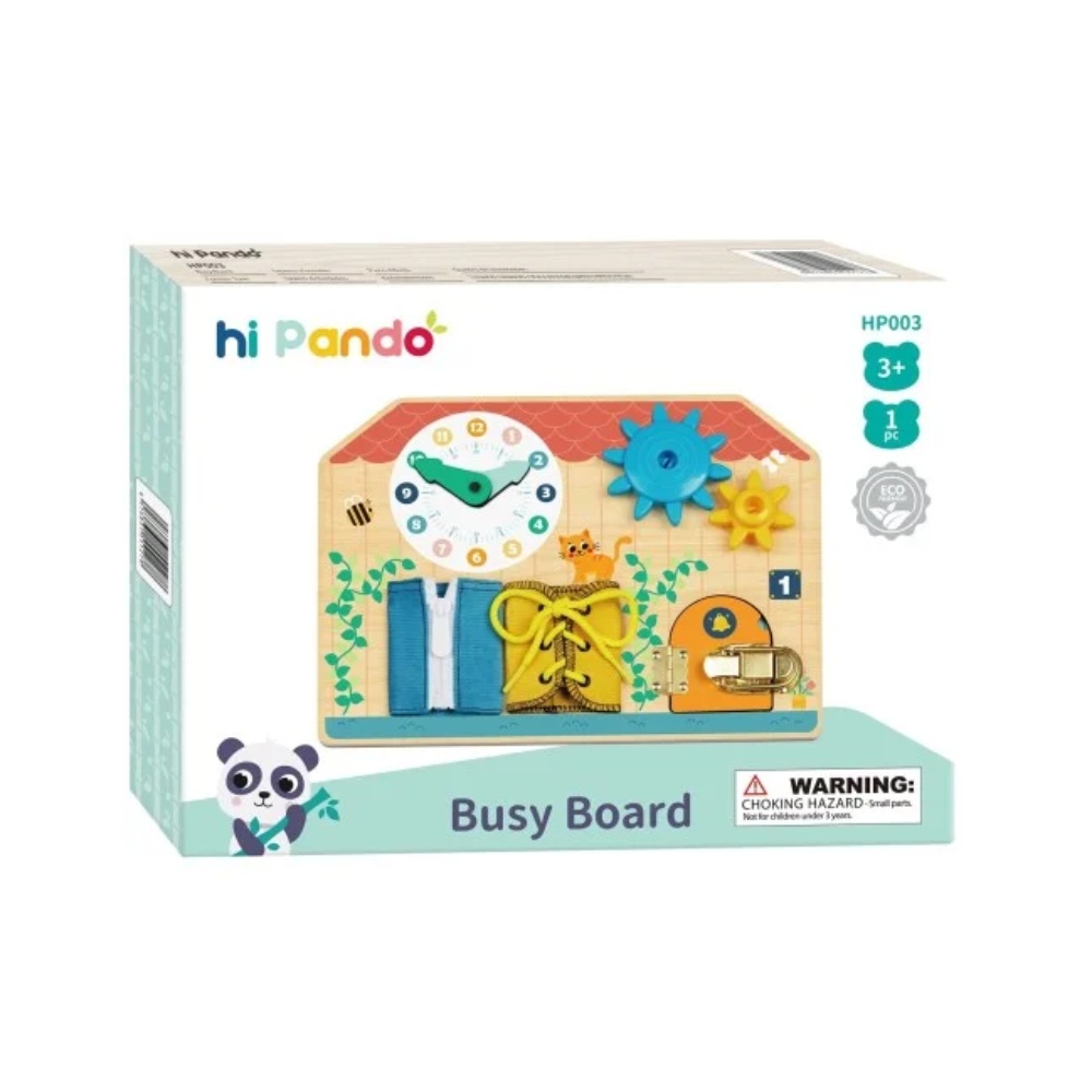 hi Pando - Wooden Busy Board - Interactive Latches and Laces Learning Toy