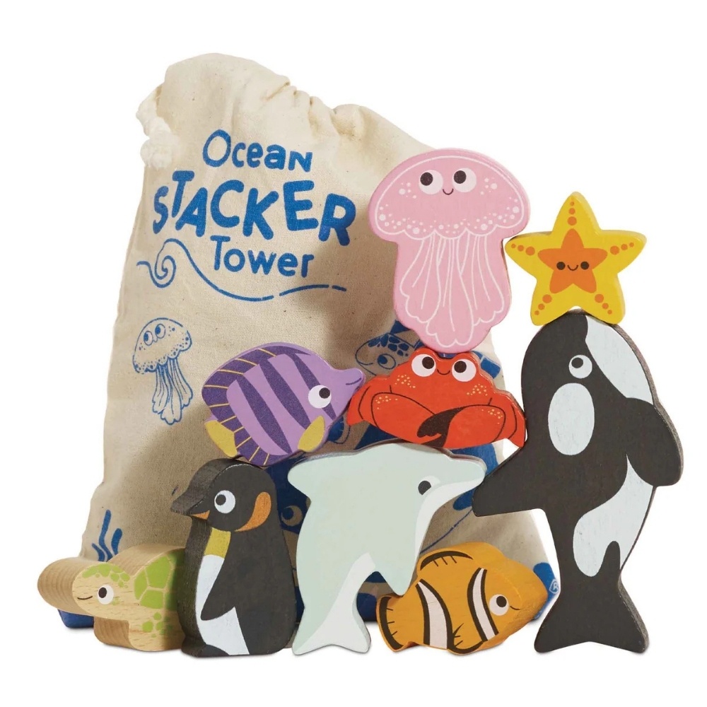 Wooden Ocean Life Stacking Animals & Bag - 10pcs