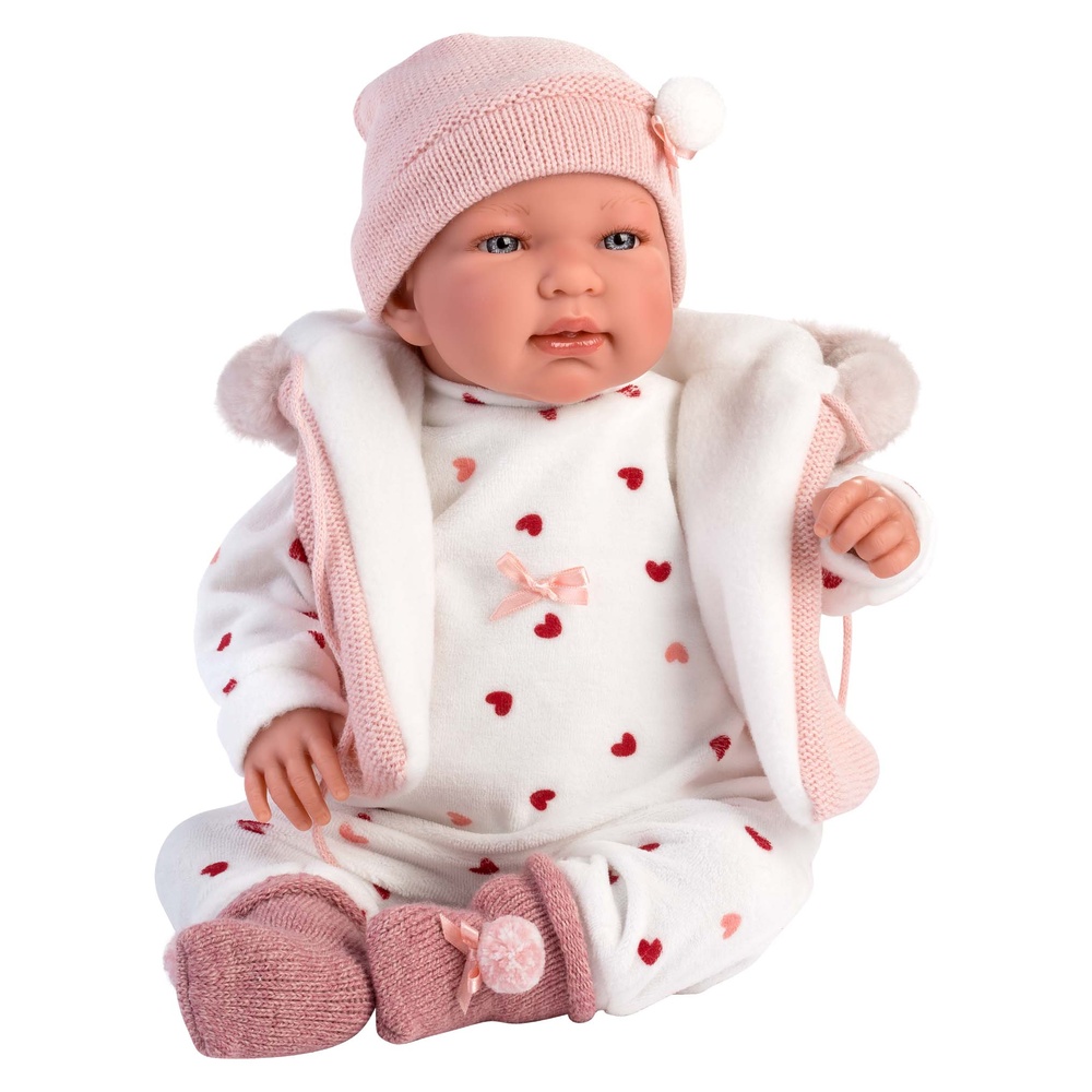 Newborn Baby Girl Doll with Crying Mechanism, Pink Romper & Accessories: Tina - 44cm