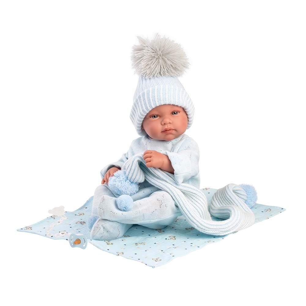 Newborn Baby Boy Doll with Blue Beanie & Blanket: Tino - 43cm