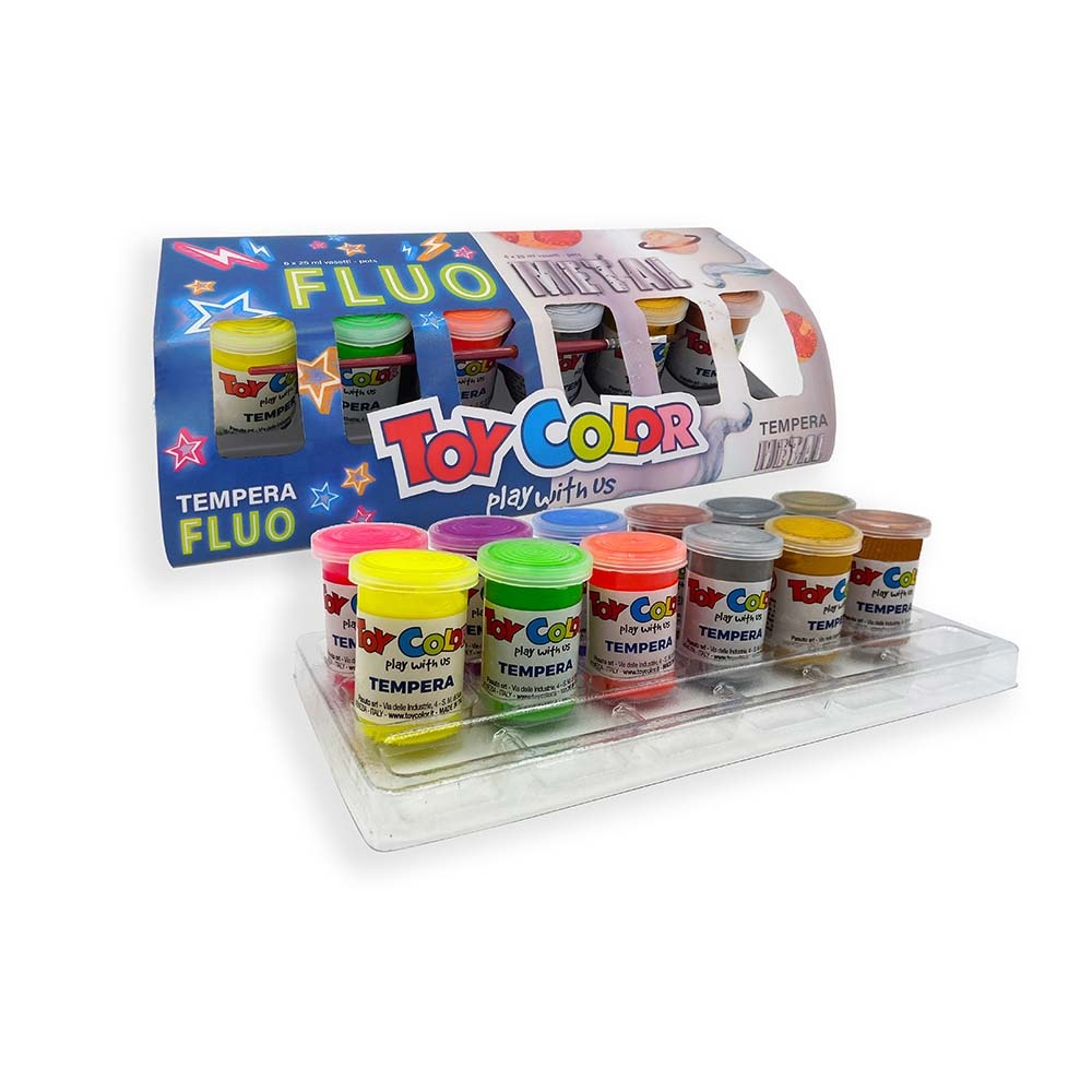 Ready Mix Poster Paint Pots - Fluorescent & Metallic - 12 Superwashable Colours, 25ml