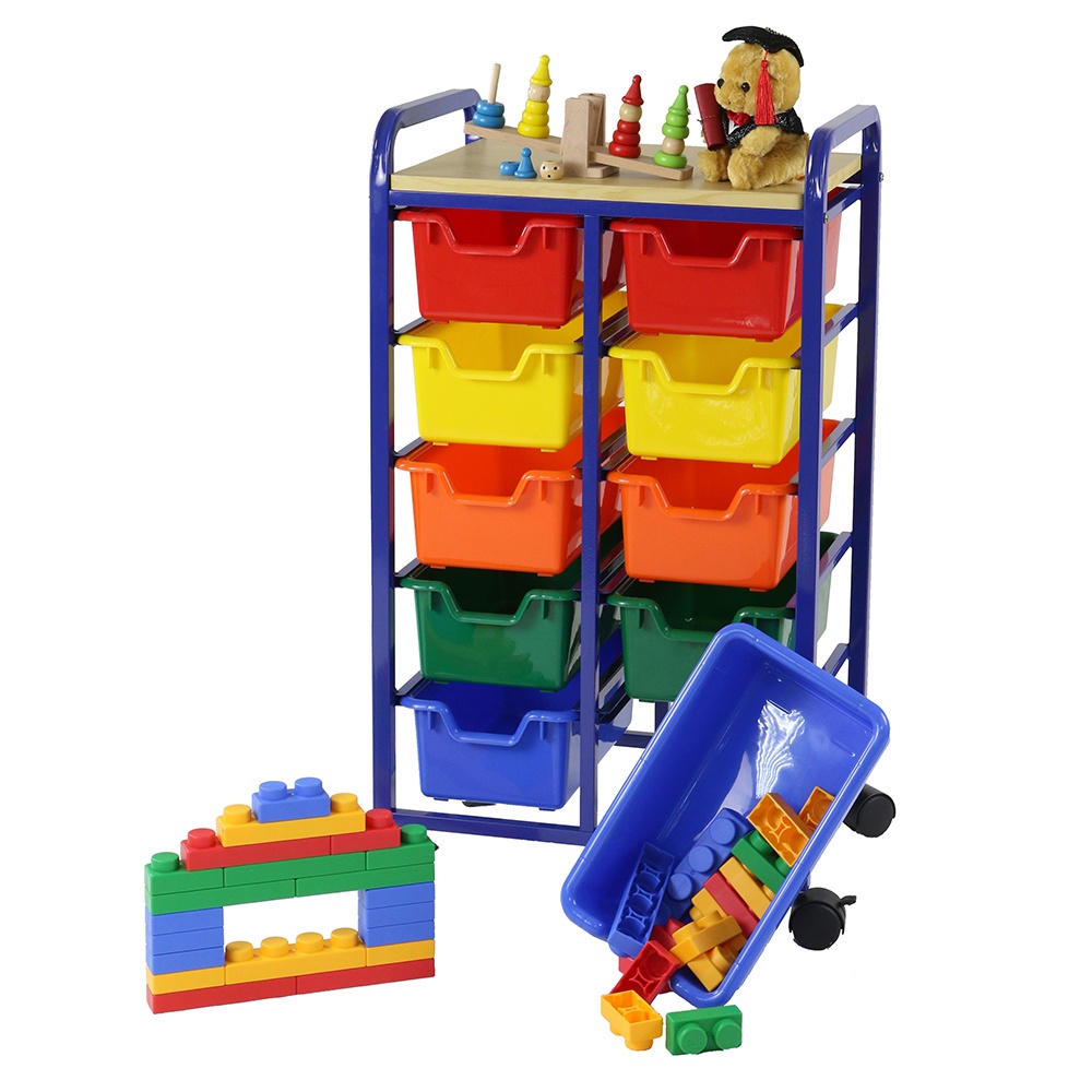 Storage Bin Organiser with Rolling Wheels - 10 Multi-Coloured Bins
