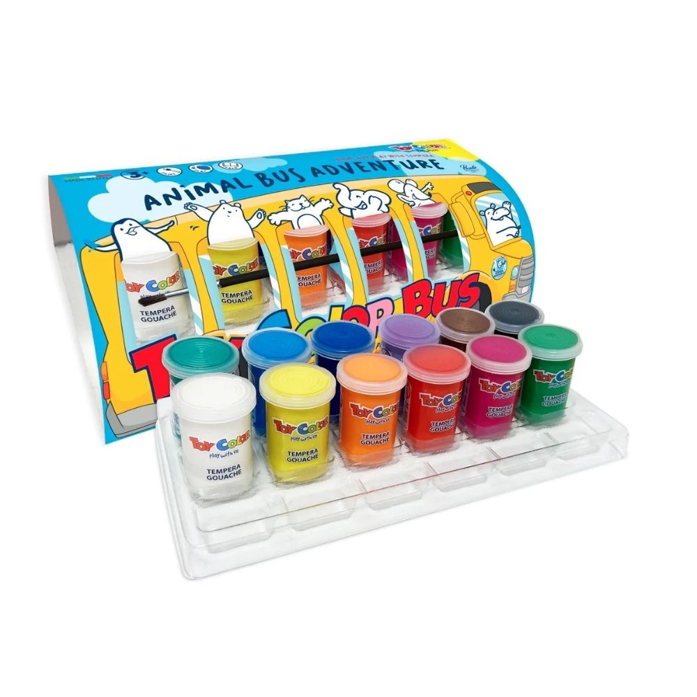 Ready Mix Poster Paint Pots - Animal Bus Adventure - 12 Superwashable Colours, 25ml