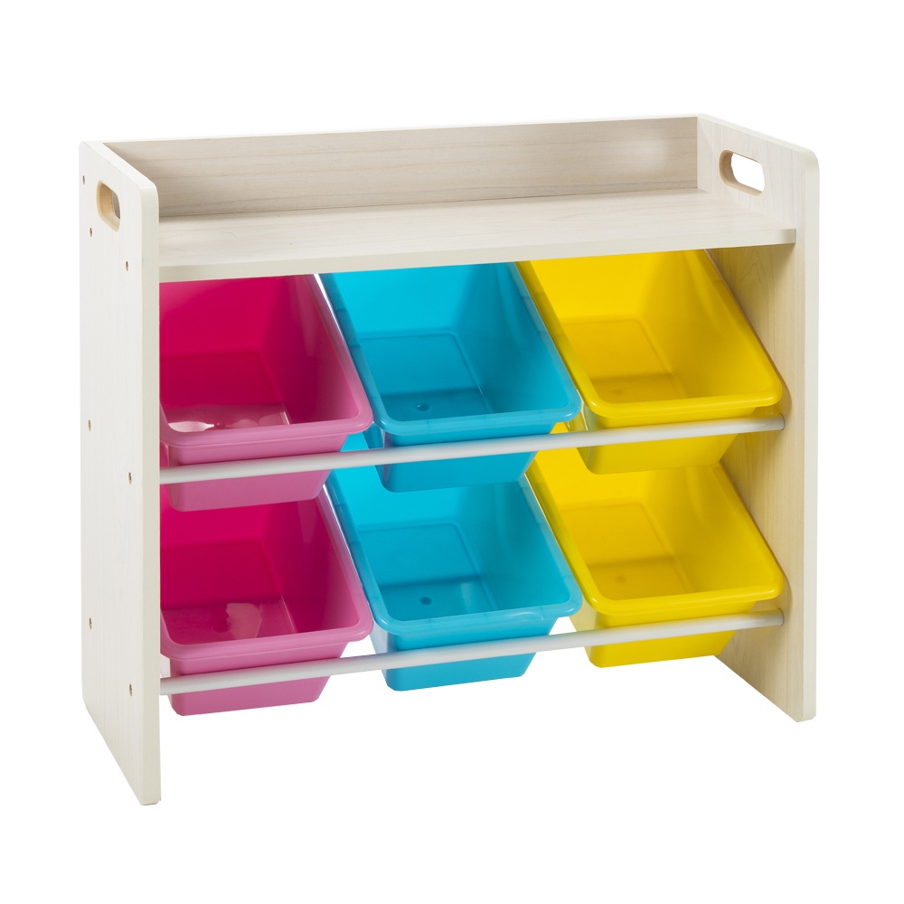 Multi-Coloured Storage Bin Organiser - Wood - 6 Bins