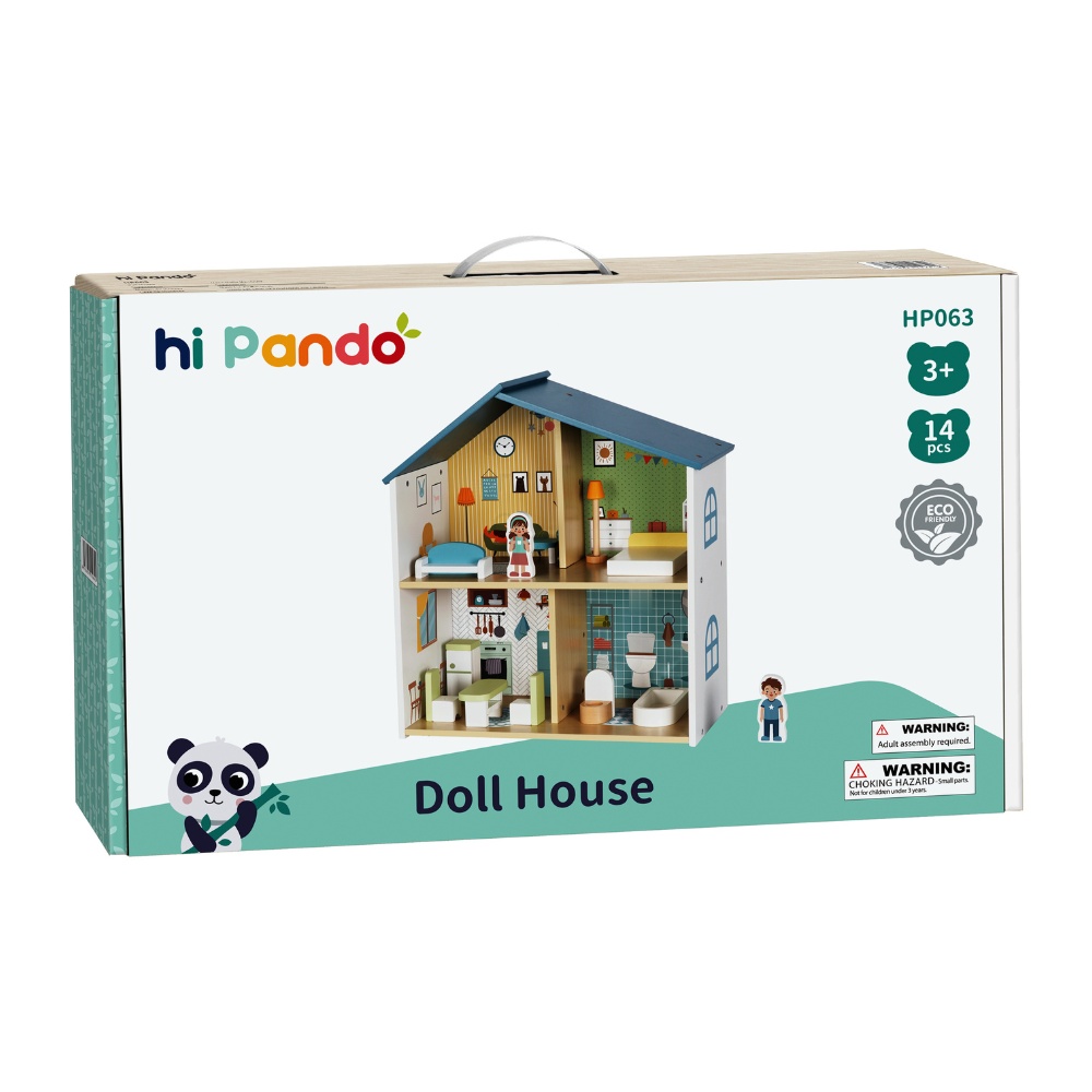 hi Pando - Pretend & Play - Wooden Doll House With Figurines - 14pcs