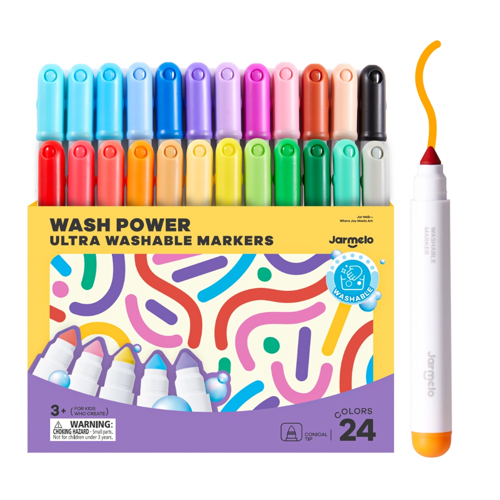 Washable Markers - 24 Non-Toxic Colours with Conical Tips
