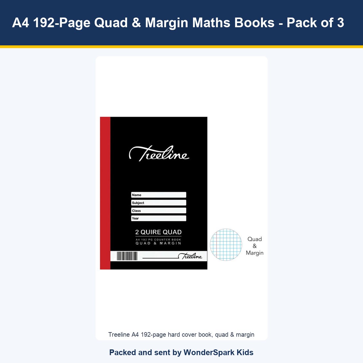 WonderSpark Kids A4 192-Page Quad & Margin Maths Books - Pack of 3