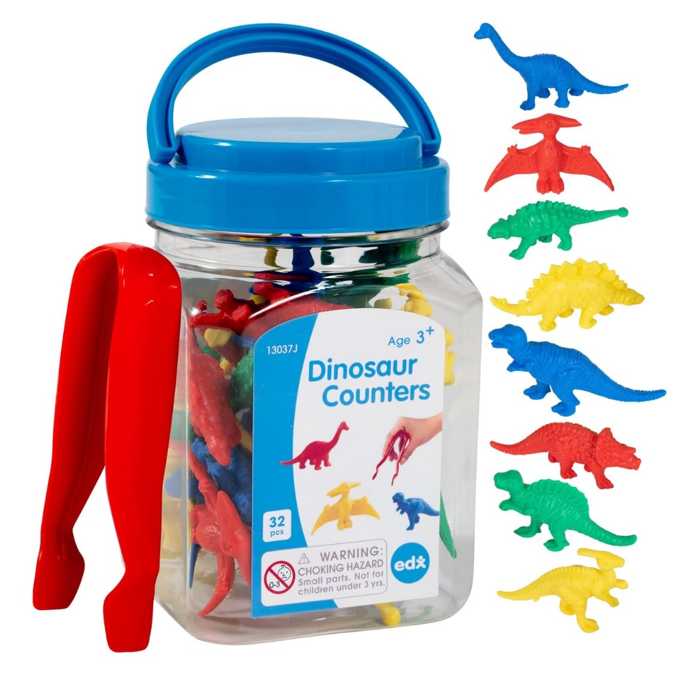 Dinosaur Counters & Tweezer in Jar - 32pc Math Manipulative